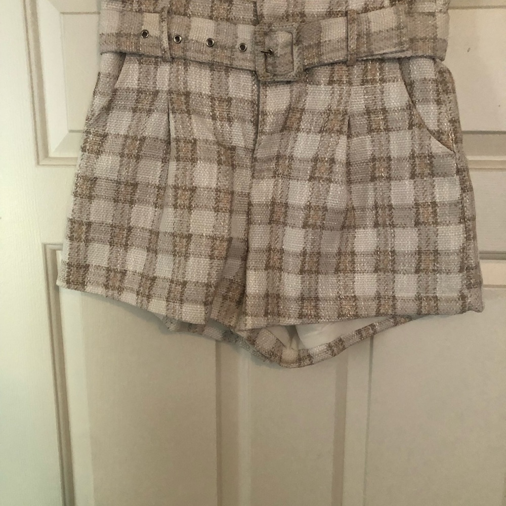 Tan and White High Waist Plaid Shorts